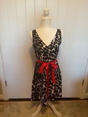 NEVER WORN/Gorgeous Navy & White Sleeveless V-Neck Dress with Red Waist Sash